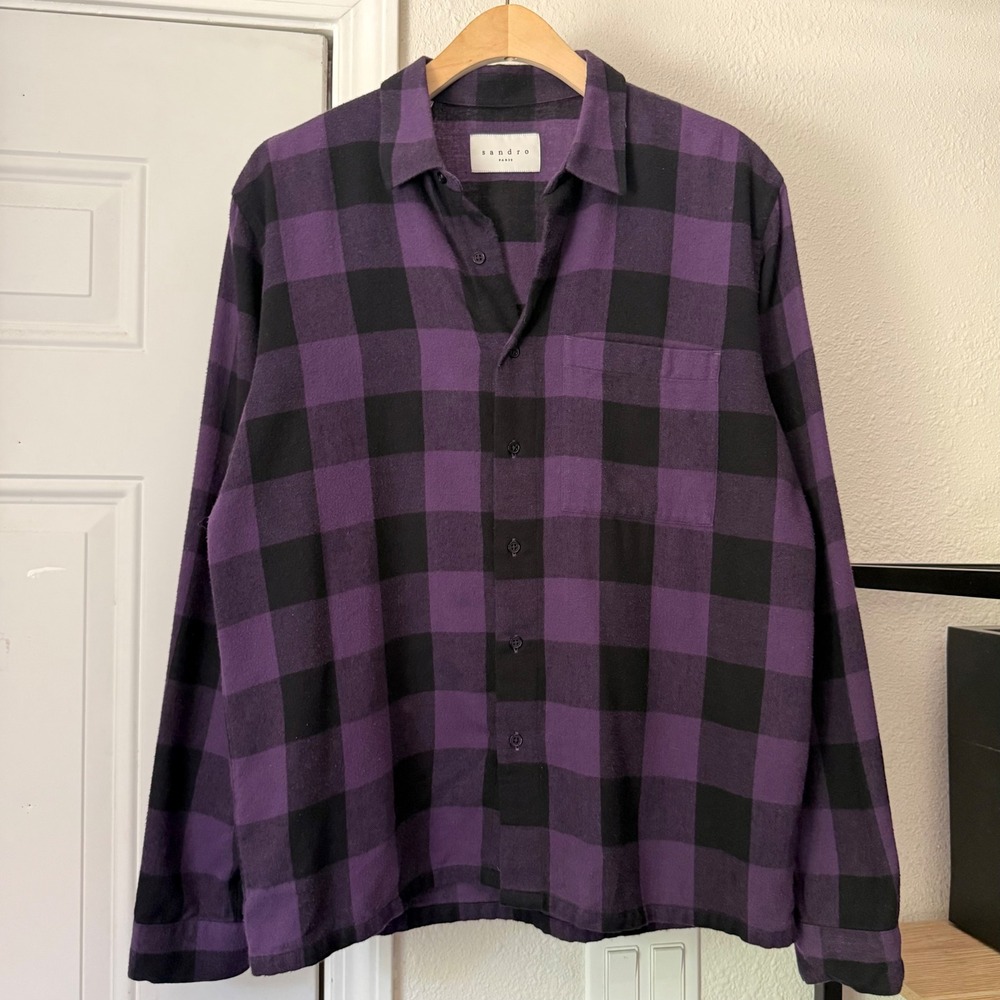 SANDRO Paris men's cotton purple black plaid long sleeve button up shirt
